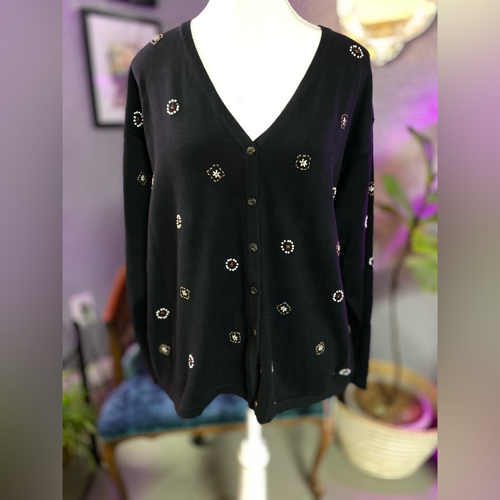 NWT Susan Bristol Vintage Black Cardigan with Floral Embroidery size L